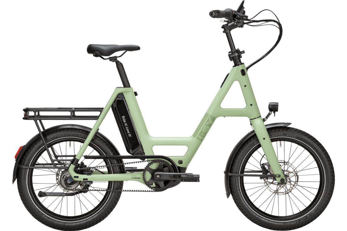 i:SY SKYFLY E5 ZR RT PX 2026 – Seitenansicht des Carbon-Kompaktrads mit Riemenantrieb und 20-Zoll-Laufrädern