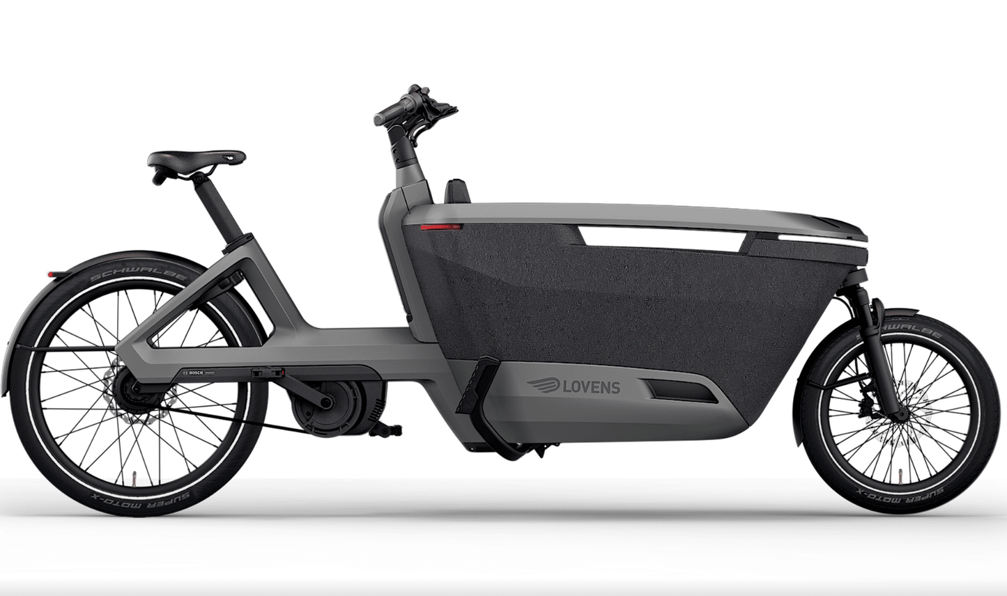 Lovens Explorer 2 S60 Seitenansicht – Aluminiumrahmen grau, schwarze Box, Shimano Nexus 5