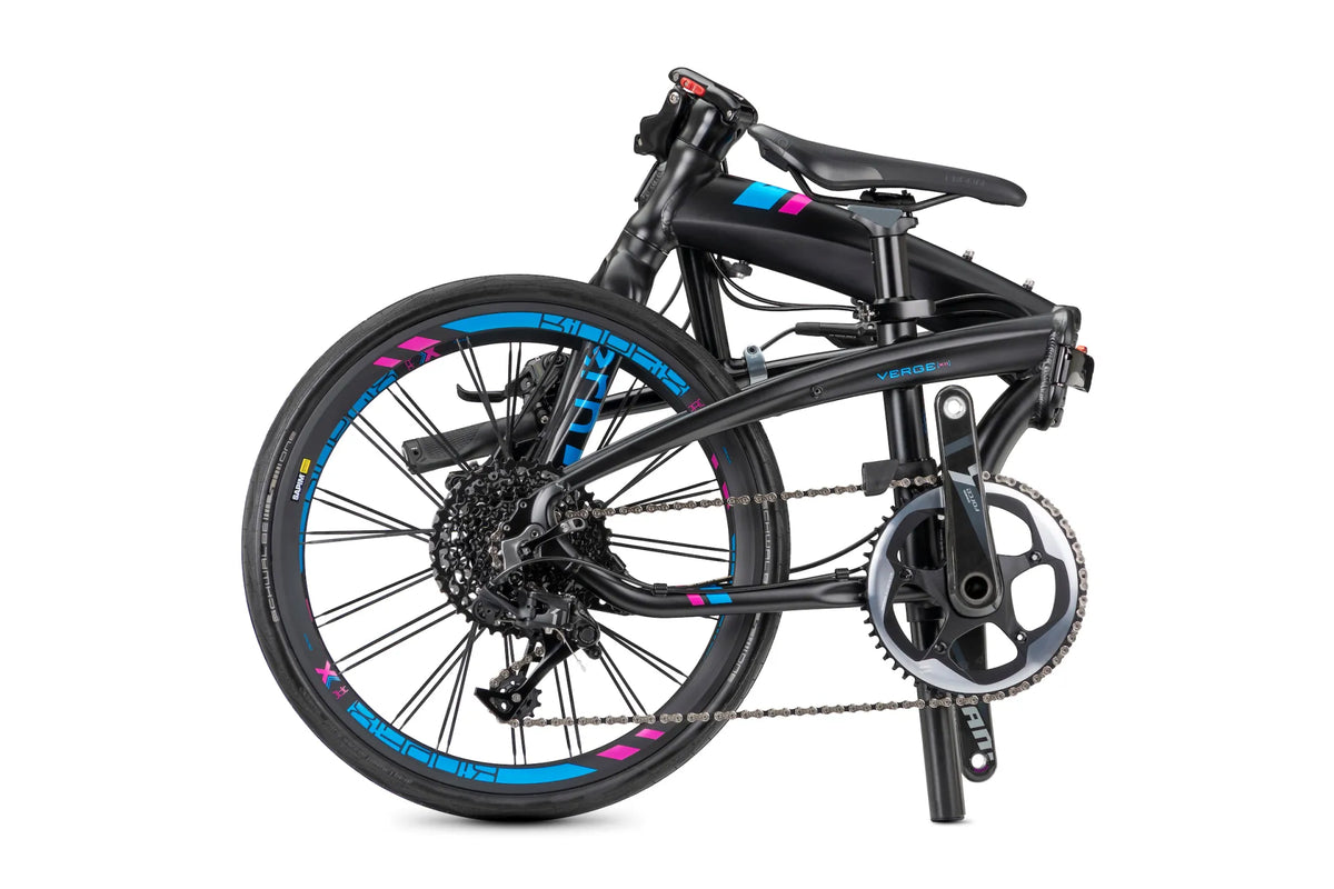 Tern Verge X11 Faltrad in Satin Black / Blue / Magenta – gefaltet