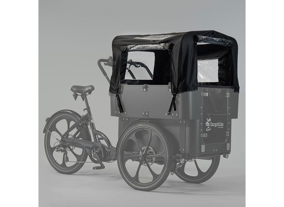 Cargobike Verdeck 6 Kinder Kindergarten in Schwarz mit Klarsichtfenstern, montiert auf einem DeLight Kindergarten